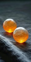 Two translucent amber spheres with glowing golden interiors rest on dark textured fabric, creating an ethereal wellness and spa aesthetic for relaxation and meditation concepts.