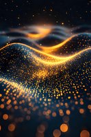 Abstract glowing golden particles forming dynamic waves against dark background, with floating light dots creating magical atmosphere for technology designs.