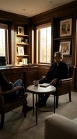Mature man in business casual attire seated in leather chair within elegant wood-paneled office, conversing with colleague in modern luxury workspace featuring built-in shelving, natural light, and contemporary furnishings for corporate environments.