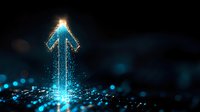 Glowing blue arrow pointing upward with sparkles and light particles on dark background, symbolizing growth, success and digital transformation.