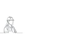 Professional construction worker wearing hard hat and safety gear in minimalist line art style on white background for design projects.