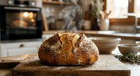 Fresh baked artisan sourdough bread loaf steaming on wooden cutting board in cozy kitchen with warm lighting and rustic home bakery atmosphere.