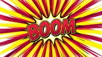 Comic book style explosion with BOOM text in red letters on radiating yellow and red sunburst background for pop art designs and retro graphics.