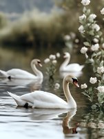 Graceful white swans swimming near blooming flowers on calm lake water, romantic nature scene with soft morning light and reflections in water surface.