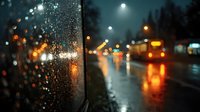 Rainy night city street view through car window with water droplets, blurred traffic lights and vehicle headlights creating atmospheric urban scene.