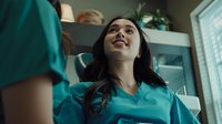 Young Asian female healthcare worker in turquoise scrubs smiling warmly while interacting with colleague in medical office setting, natural window lighting creates professional atmosphere.