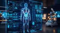 Futuristic medical interface displaying human anatomy with digital overlays of organ systems and health metrics in glowing blue tones against dark background.