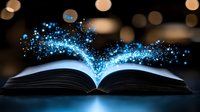 Magical open book with glowing blue light particles rising from pages against dark background with bokeh lights, creating mystical reading atmosphere.