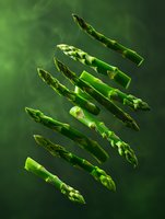 Fresh green asparagus spears floating in dark atmospheric lighting, arranged in diagonal composition against moody emerald background for food photography and menu design.