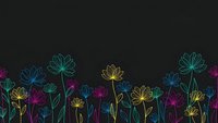 Colorful neon outline flowers on dark background creating decorative border design for greeting cards, invitations and digital artwork projects.