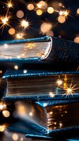 Stack of old books with magical glowing lights and bokeh effects against dark background, creating mystical atmosphere for fantasy and education concepts.