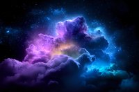 Dramatic night sky with colorful cosmic clouds in purple and blue hues, stars twinkling through mystical nebula formation, creating ethereal celestial atmosphere.