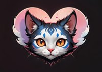 Adorable fantasy cat face with tribal markings and bright orange eyes framed in heart shape with pink gradient background, perfect for valentine cards and romantic designs.
