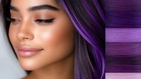 Young Asian woman with vibrant purple ombre hair and glowing natural makeup smiling serenely against light background, showcasing modern beauty trends.