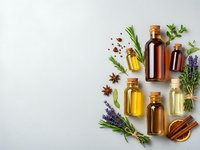Essential oils in amber glass bottles with fresh herbs, lavender, rosemary and spices arranged on white background for aromatherapy and natural wellness.