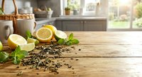 Fresh citrus fruits with mint leaves and coffee beans on wooden kitchen counter with natural sunlight streaming through window creating warm atmosphere.