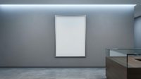 Modern minimalist interior with blank white frame on gray wall for artwork mockup and contemporary home design projects.