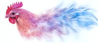 Artistic rooster head with gradient colored feathers flowing from pink to purple and blue, creating ethereal smoke-like effect on white background.
