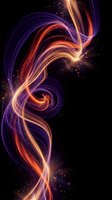 Abstract swirling energy waves in purple and orange creating dynamic flowing motion against dark cosmic background with glowing particles and sparkling effects.