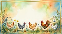 Watercolor farm scene with rooster, hens, and decorative foliage in warm earth tones, ideal for farmhouse decor, greeting cards, and agricultural designs.