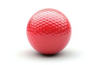 Red golf ball with classic dimpled texture isolated on white background, casting soft shadow. Suitable for sports equipment catalogs and golf-related designs.