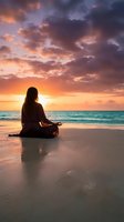 Woman meditating in lotus pose on beach at sunset with dramatic colorful sky and ocean waves reflecting on wet sand creating peaceful mindfulness scene.