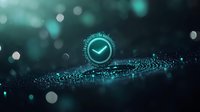 Glowing turquoise check mark symbol surrounded by digital particles and bokeh effects on dark background, representing approval, verification and technology.