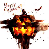 Glowing orange jack o lantern pumpkin with carved face and flying bat in watercolor style against white background, Halloween greeting text with artistic splatter effect.