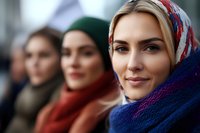 Three diverse women wearing traditional headscarves in different colors stand together, expressing unity and friendship through warm smiles and confident poses.