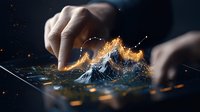 Magical mountain peak emerging from digital tablet screen with glowing particles and water splash effect, hands touching display in dark setting.