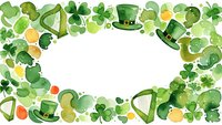 St. Patrick's Day watercolor frame with shamrocks, leprechaun hats, horseshoes and gold coins on white background for festive holiday designs and greeting cards.