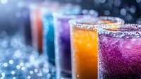 Colorful cocktails with sugar rims in glasses lined up at bar, featuring vibrant purple, orange and blue drinks with bokeh background lighting effects.