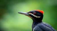 Close-up portrait of pileated woodpecker with distinctive red crest and black plumage against blurred green natural background, showing sharp beak and eye detail.