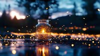 Glowing mason jar with candlelight surrounded by magical fireflies at dusk, creating dreamy bokeh reflections on water surface in mystical forest atmosphere.