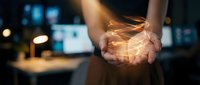 Hands holding glowing digital brain with neural networks representing artificial intelligence and machine learning technology in modern office environment.