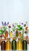 Natural essential oils in glass bottles with fresh herbs, spices and aromatherapy ingredients arranged on white background for wellness and spa treatments.