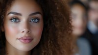 Young mixed race woman with natural curly hair and striking blue eyes smiling confidently against blurred background, representing beauty, diversity and authenticity in modern portraiture.