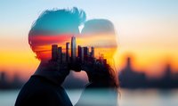 Romantic double exposure silhouette of loving couple kissing against urban cityscape and vibrant sunset sky, modern skyscrapers blend with intimate moment.