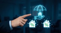 Businessman pointing at glowing house icons with umbrella and percent symbols, representing home insurance and mortgage rate protection concepts.