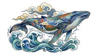 Whale with ornate decorative patterns and flowing waves, isolated on white background, suitable for t-shirt design, clipart, and creative projects.