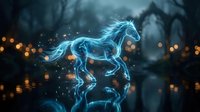 Mystical blue glowing horse spirit galloping through enchanted forest with magical lights and ethereal energy effects creating fantasy atmosphere.