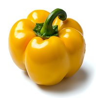 Fresh yellow bell pepper with green stem isolated on white background, macro shot showing glossy surface and natural texture. Suitable for food packaging.
