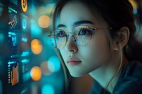 Young Asian woman in round glasses looking at futuristic holographic display with data visualization and glowing bokeh lights in cyberpunk style setting.