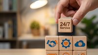 Hand placing wooden block with 24/7 service text on stack of blocks showing handshake, gear and support icons for customer service and business support concepts.