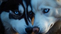 Close-up portrait of adorable Siberian Husky puppy with striking blue eyes and black white fur markings showing innocent expression for pet care advertising.
