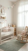 Serene nursery room with white crib, wooden rocking chair, soft pastel bunting, woven storage baskets, and sheer curtains creating a calm, welcoming space for infants and toddlers.