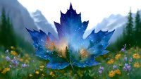 Magical maple leaf silhouette filled with starry night sky, mountains and forest landscape, surrounded by wildflowers in meadow. Double exposure nature artwork.