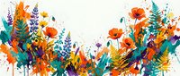 Vibrant watercolor wildflower border with poppies, lupines, and ferns in orange, teal, purple, and yellow on white background.