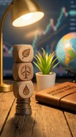 Wooden stacked blocks with sustainability symbols on office desk under warm lamp, globe and financial charts in background for eco-business concepts.
