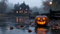 Glowing carved pumpkin on wet ground with spooky haunted house silhouette in foggy background, orange lights reflecting in rain puddles among fallen autumn leaves.